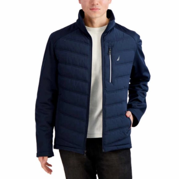 NWoT Nautica Men's Mixed Media Softshell Bomber Jacket Blue Size L $120 DD363 - Picture 1 of 4